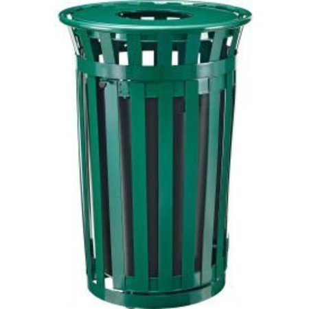 GLOBAL EQUIPMENT Outdoor Steel Slatted Trash Can W/Access Door   Flat Lid, 36 Gallon, Green 261940GN